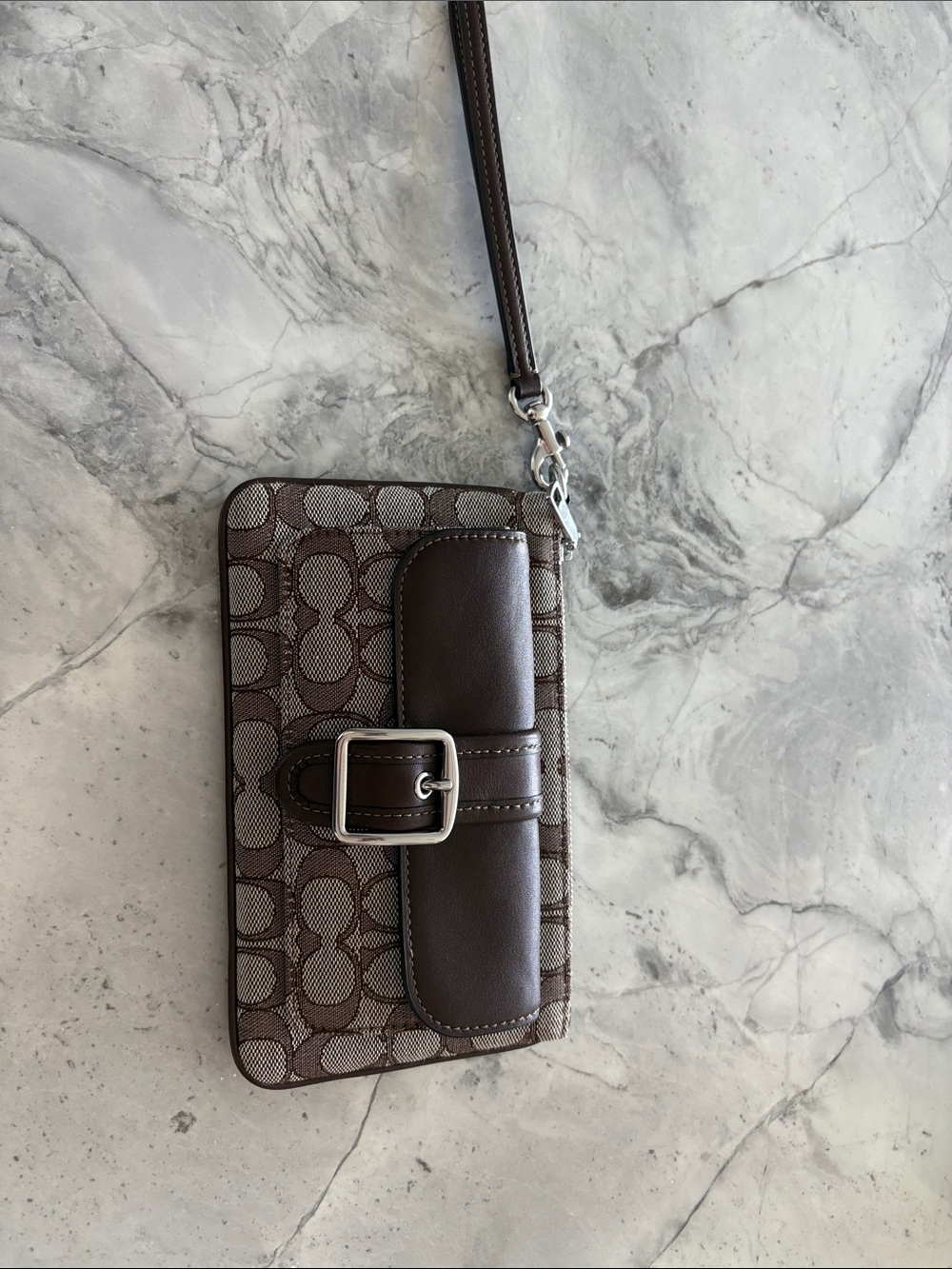 Coach Signature Logo Wristlet in Brown and Tan